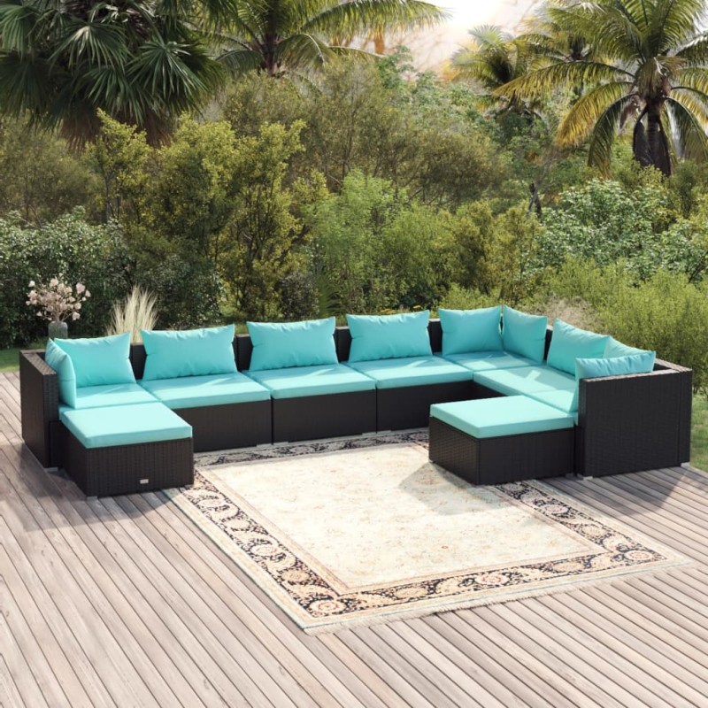 vidaXL Set de muebles de jardín 9 pzas y cojines ratán sintético negro vidaXL Set de muebles de jardín 9 pzas y cojines ratán sintético negro