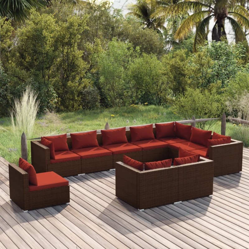 vidaXL Set muebles de jardín 10 pzas y cojines ratán sintético marrón vidaXL Set muebles de jardín 10 pzas y cojines ratán sintético marrón