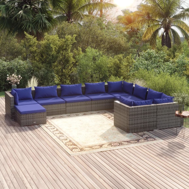vidaXL Set de muebles de jardín 10 pzas y cojines ratán sintético gris