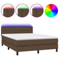 vidaXL Cama box spring colchón luces LED tela marrón oscuro 140x200cm