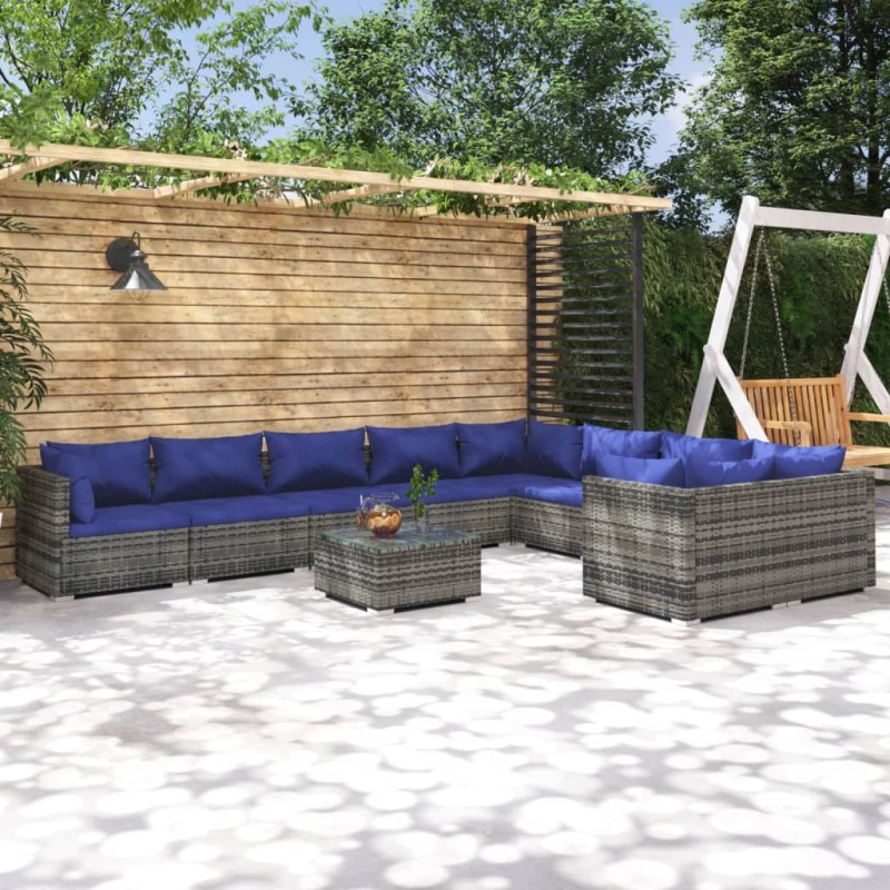 vidaXL Set de muebles de jardín 10 pzas y cojines ratán sintético gris vidaXL Set de muebles de jardín 10 pzas y cojines ratán sintético gris
