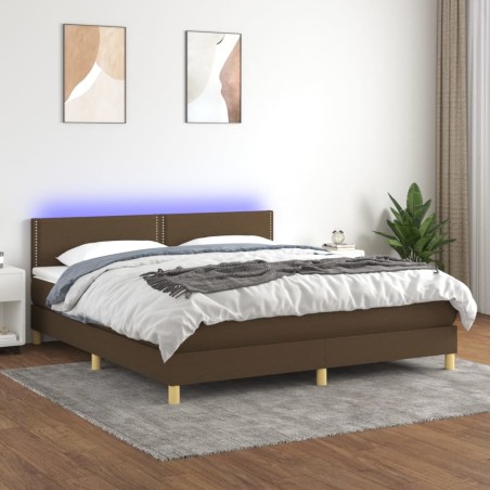 vidaXL Cama box spring con colchón LED tela marrón oscuro 160x200 cm
