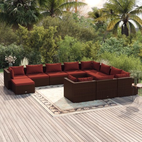 vidaXL Set muebles de jardín 11 pzas y cojines ratán sintético marrón