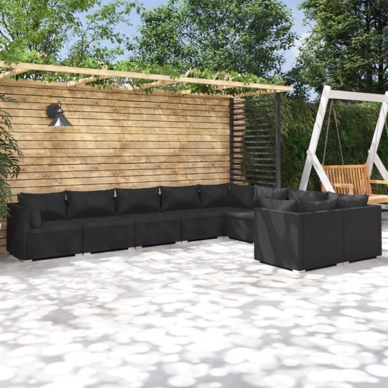 vidaXL Set de muebles de jardín 9 pzas y cojines ratán sintético negro vidaXL Set de muebles de jardín 9 pzas y cojines ratán sintético negro