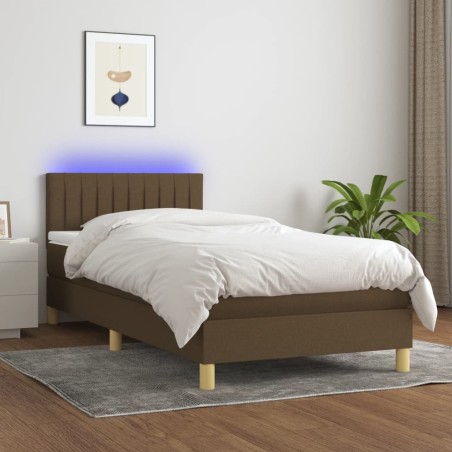 vidaXL Cama box spring con colchón LED tela marrón oscuro 90x190 cm