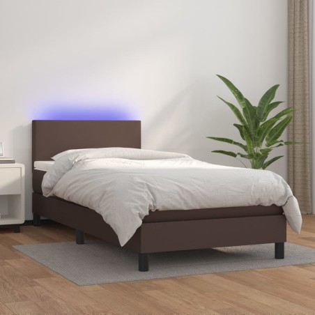 vidaXL Cama box spring y colchón LED cuero sintético marrón 90x200 cm