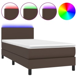 vidaXL Cama box spring y colchón LED cuero sintético marrón 90x200 cm