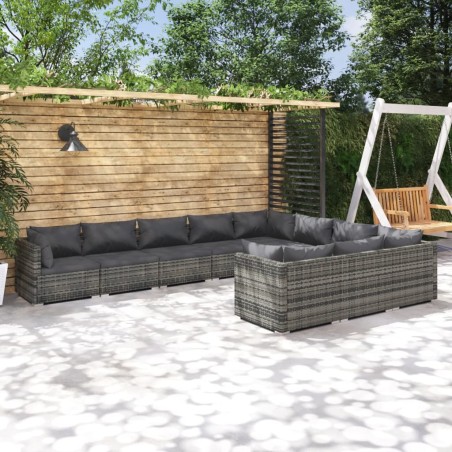 vidaXL Set de muebles de jardín 10 pzas y cojines ratán sintético gris