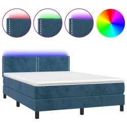 vidaXL Cama box spring colchón y LED terciopelo azul oscuro 140x200 cm