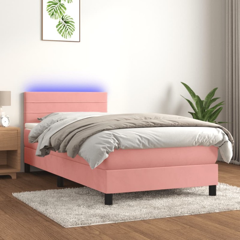 vidaXL Cama box spring colchón y LED terciopelo rosa 90x200 cm vidaXL Cama box spring colchón y LED terciopelo rosa 90x200 cm