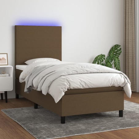 vidaXL Cama box spring colchón y luces LED tela marrón oscuro 80x200cm