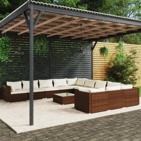 vidaXL Set muebles de jardín 12 pzas y cojines ratán sintético marrón