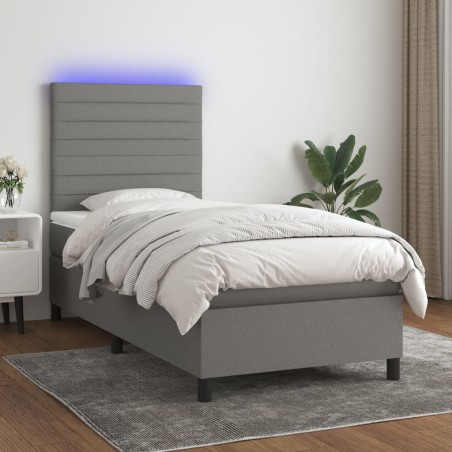 vidaXL Cama box spring colchón y luces LED tela gris oscuro 100x200 cm