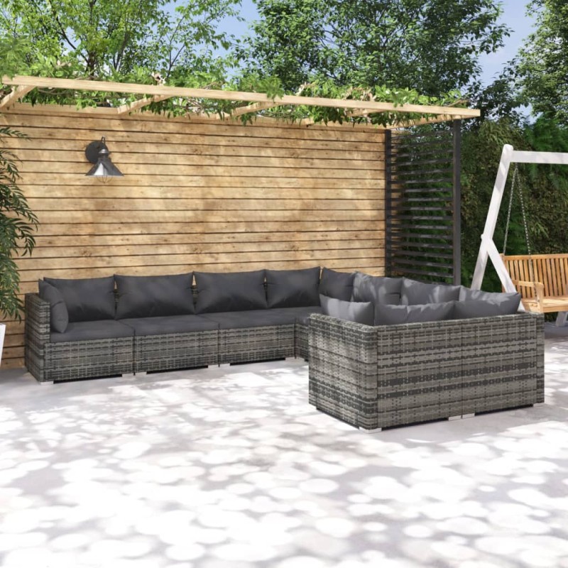 vidaXL Set de muebles de jardín 8 pzas y cojines ratán sintético gris vidaXL Set de muebles de jardín 8 pzas y cojines ratán sintético gris