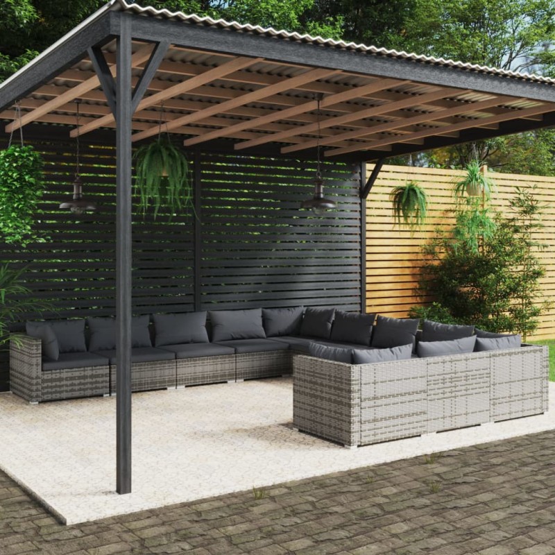 vidaXL Set de muebles de jardín 11 pzas y cojines ratán sintético gris vidaXL Set de muebles de jardín 11 pzas y cojines ratán sintético gris