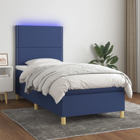 vidaXL Cama box spring colchón y luces LED tela azul 90x200 cm