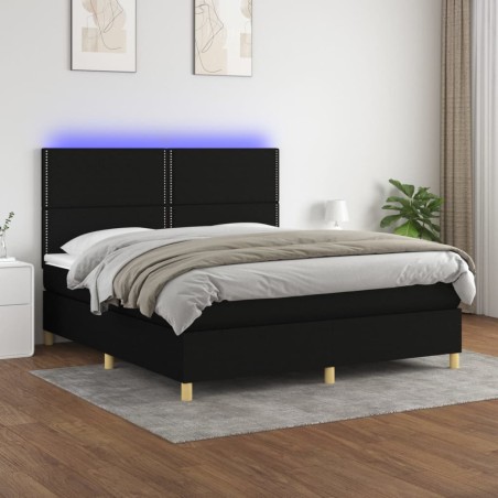 vidaXL Cama box spring colchón y luces LED tela negro 160x200 cm