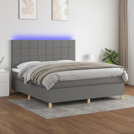 vidaXL Cama box spring colchón y luces LED tela gris oscuro 180x200 cm