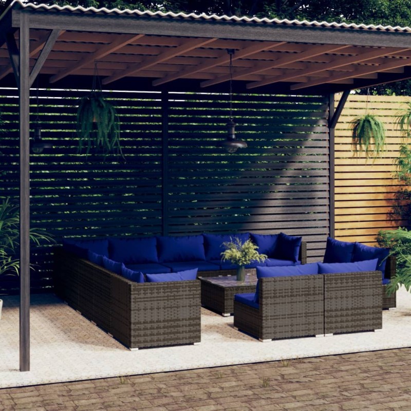 vidaXL Set de muebles de jardín 14 pzas y cojines ratán sintético gris