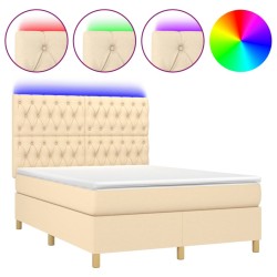 vidaXL Cama box spring colchón y luces LED tela crema 140x190 cm
