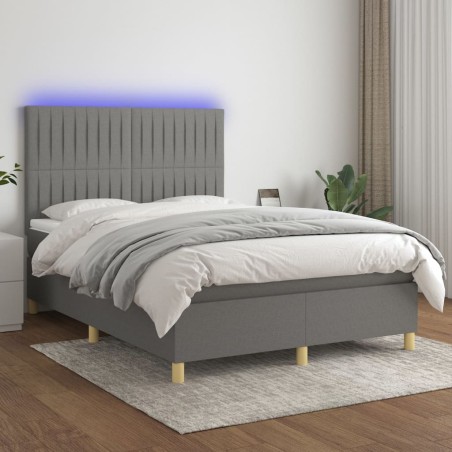 vidaXL Cama box spring colchón y luces LED tela gris oscuro 140x200 cm