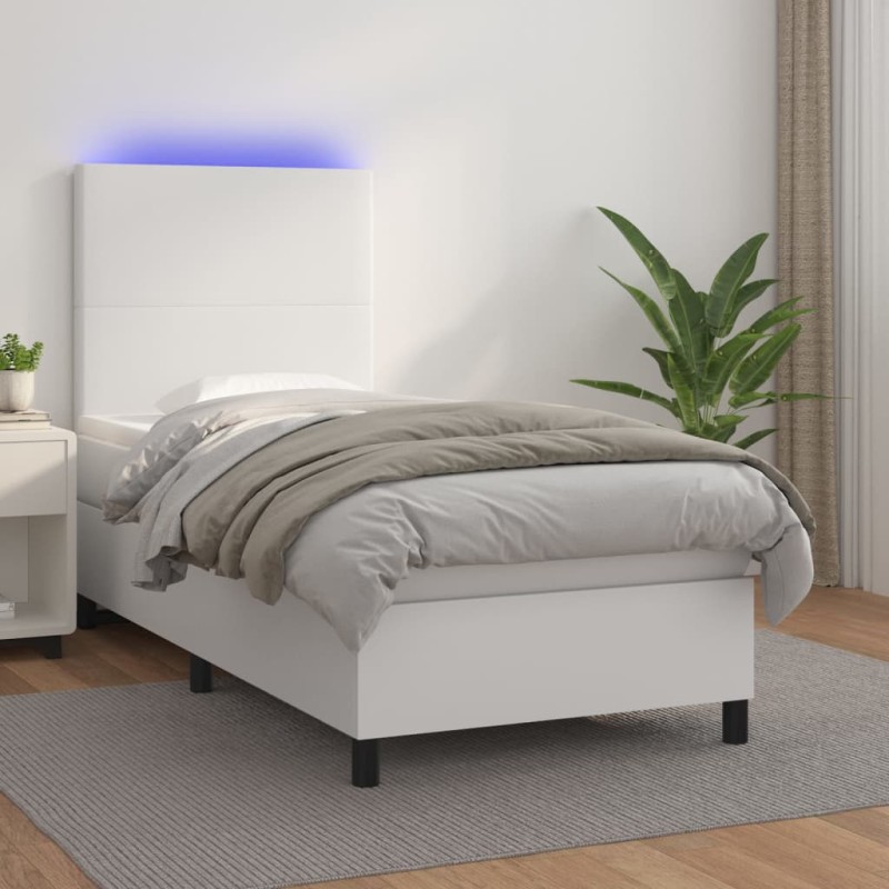 vidaXL Cama box spring y colchón LED cuero sintético blanco 80x200 cm vidaXL Cama box spring y colchón LED cuero sintético blanco 80x200 cm