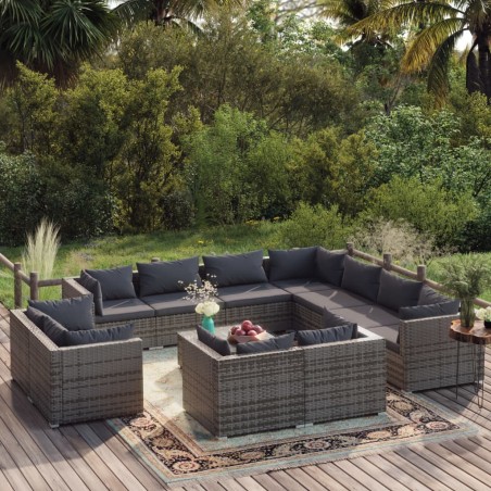 vidaXL Set de muebles de jardín 12 pzas y cojines ratán sintético gris