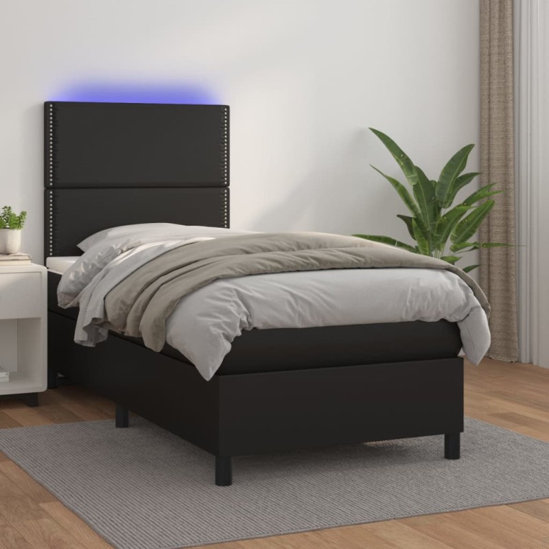 vidaXL Cama box spring y colchón LED cuero sintético negro 80x200 cm vidaXL Cama box spring y colchón LED cuero sintético negro 80x200 cm