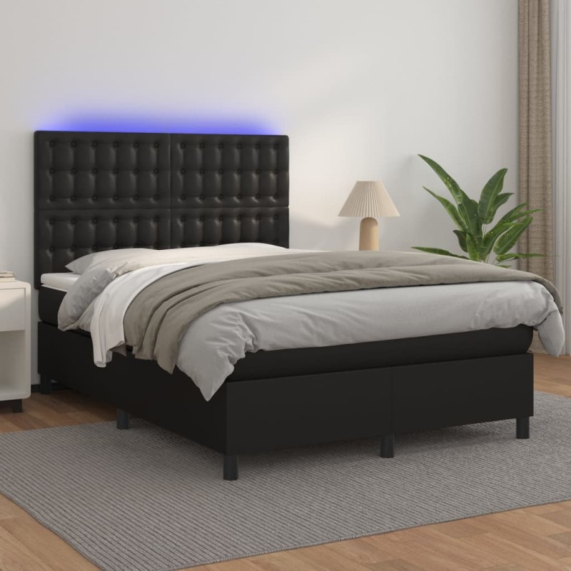 vidaXL Cama box spring colchón y LED cuero sintético negro 140x200 cm vidaXL Cama box spring colchón y LED cuero sintético negro 140x200 cm