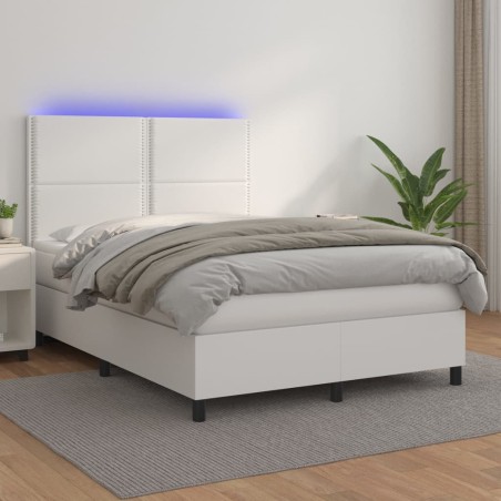 vidaXL Cama box spring colchón y LED cuero sintético blanco 140x190 cm