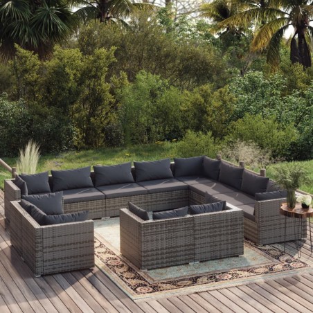 vidaXL Set de muebles de jardín 12 pzas y cojines ratán sintético gris