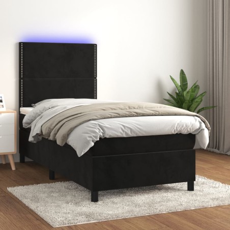 vidaXL Cama box spring colchón y LED terciopelo negro 90x200 cm