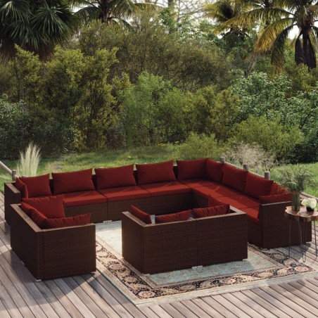 vidaXL Set muebles de jardín 12 pzas y cojines ratán sintético marrón