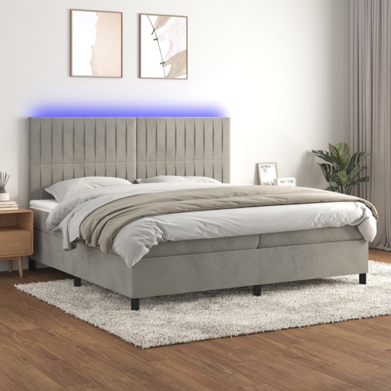 vidaXL Cama box spring colchón y LED terciopelo gris claro 200x200 cm vidaXL Cama box spring colchón y LED terciopelo gris claro 200x200 cm