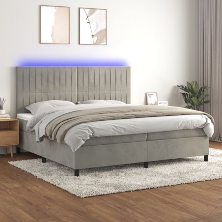 vidaXL Cama box spring colchón y LED terciopelo gris claro 200x200 cm