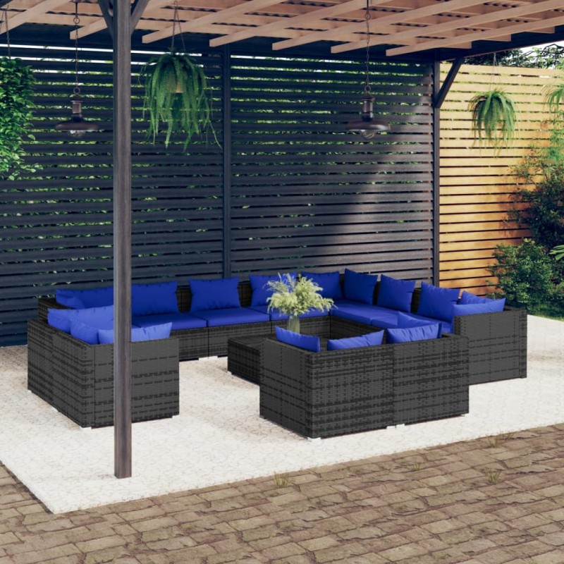vidaXL Set de muebles de jardín 13 pzas y cojines ratán sintético gris vidaXL Set de muebles de jardín 13 pzas y cojines ratán sintético gris