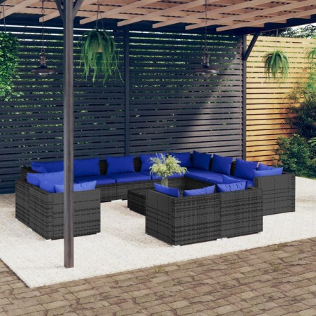 vidaXL Set de muebles de jardín 13 pzas y cojines ratán sintético gris