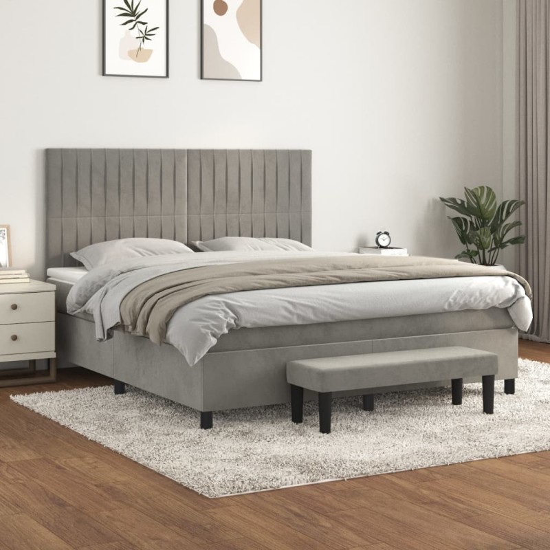 vidaXL Cama box spring con colchón terciopelo gris claro 180x200 cm vidaXL Cama box spring con colchón terciopelo gris claro 180x200 cm