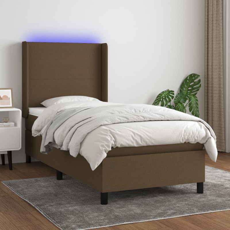 vidaXL Cama box spring colchón luces LED tela marrón oscuro 100x200cm