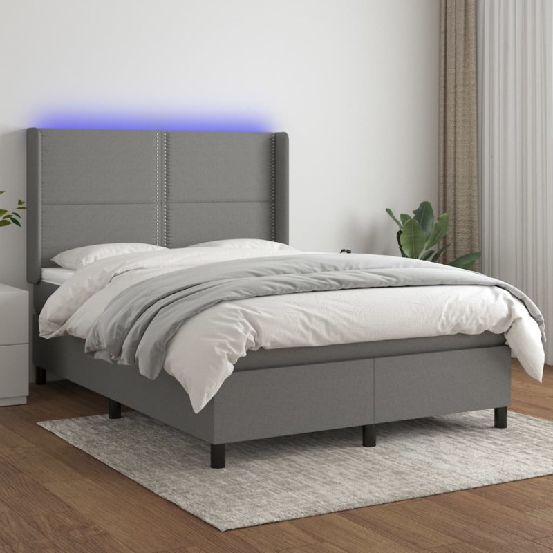vidaXL Cama box spring colchón y luces LED tela gris oscuro 140x190 cm vidaXL Cama box spring colchón y luces LED tela gris oscuro 140x190 cm