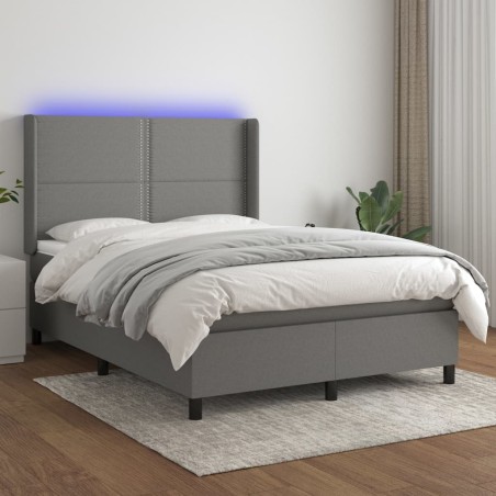 vidaXL Cama box spring colchón y luces LED tela gris oscuro 140x190 cm