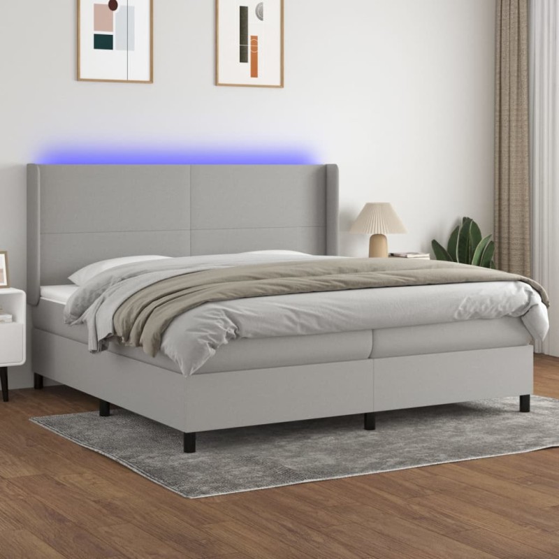 vidaXL Cama box spring con colchón tela y LED gris claro 200x200 cm