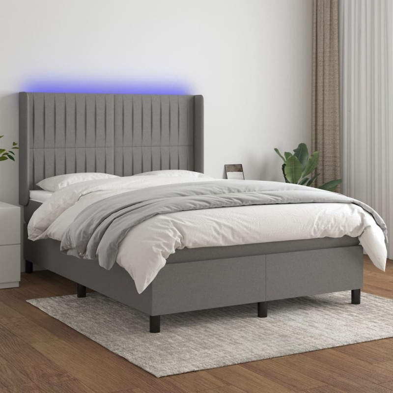 vidaXL Cama box spring colchón y luces LED tela gris oscuro 140x200 cm vidaXL Cama box spring colchón y luces LED tela gris oscuro 140x200 cm