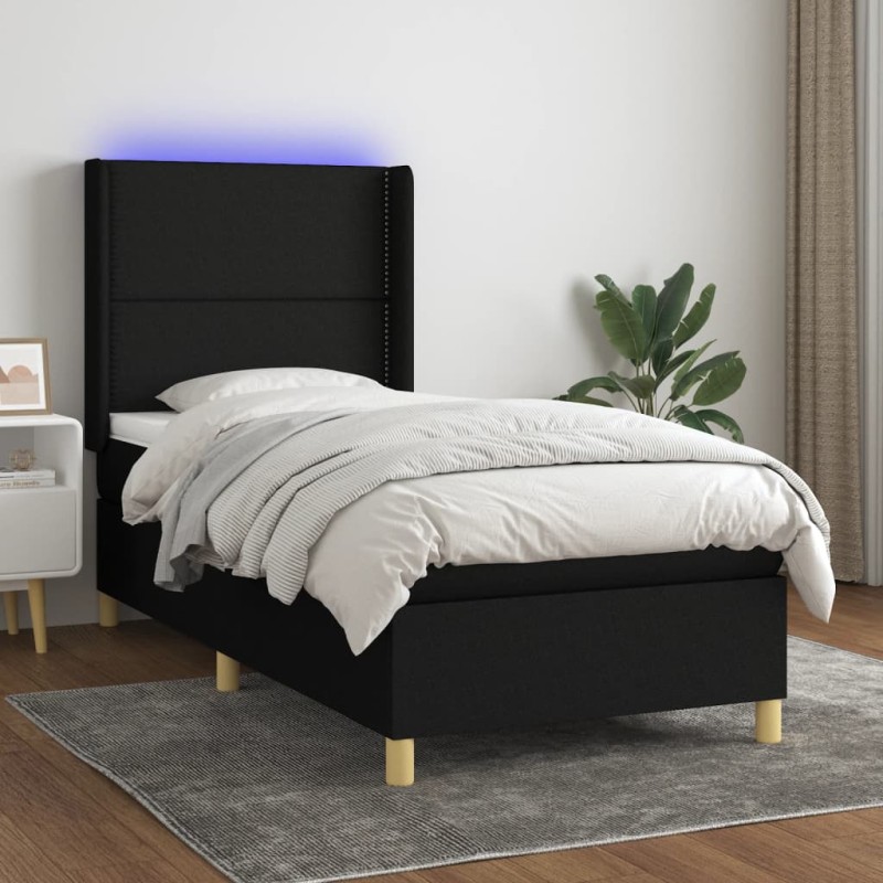 vidaXL Cama box spring colchón y luces LED tela negro 100x200 cm