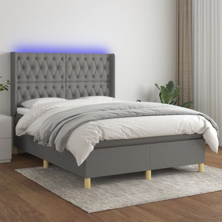 vidaXL Cama box spring colchón y luces LED tela gris oscuro 140x200 cm