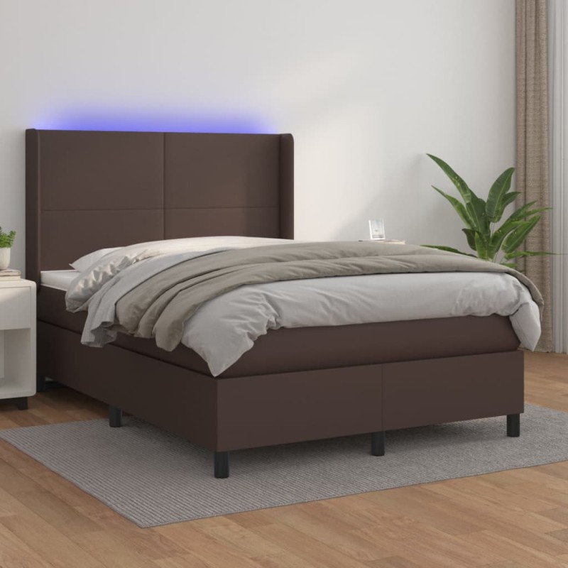 vidaXL Cama box spring colchón y LED cuero sintético marrón 140x190 cm vidaXL Cama box spring colchón y LED cuero sintético marrón 140x190 cm