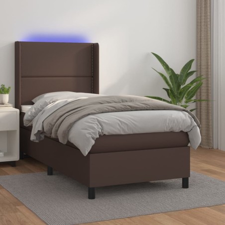 vidaXL Cama box spring colchón y LED cuero sintético marrón 100x200 cm