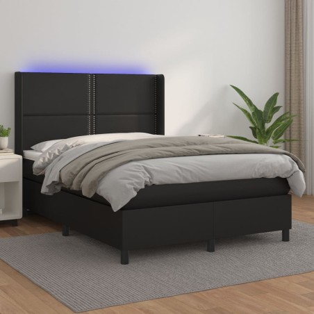 vidaXL Cama box spring colchón y LED cuero sintético negro 140x200 cm