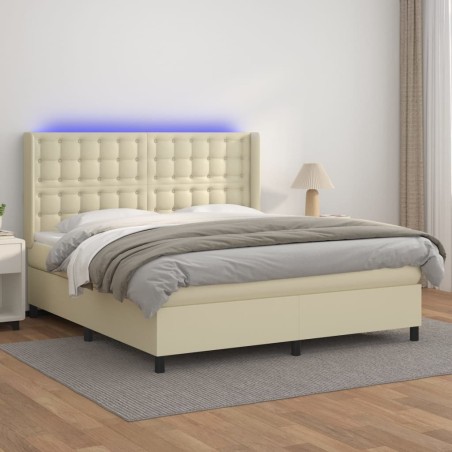 vidaXL Cama box spring colchón y LED cuero sintético crema 180x200 cm