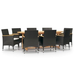 vidaXL Juego de comedor de jardín 9 piezas con cojines negro